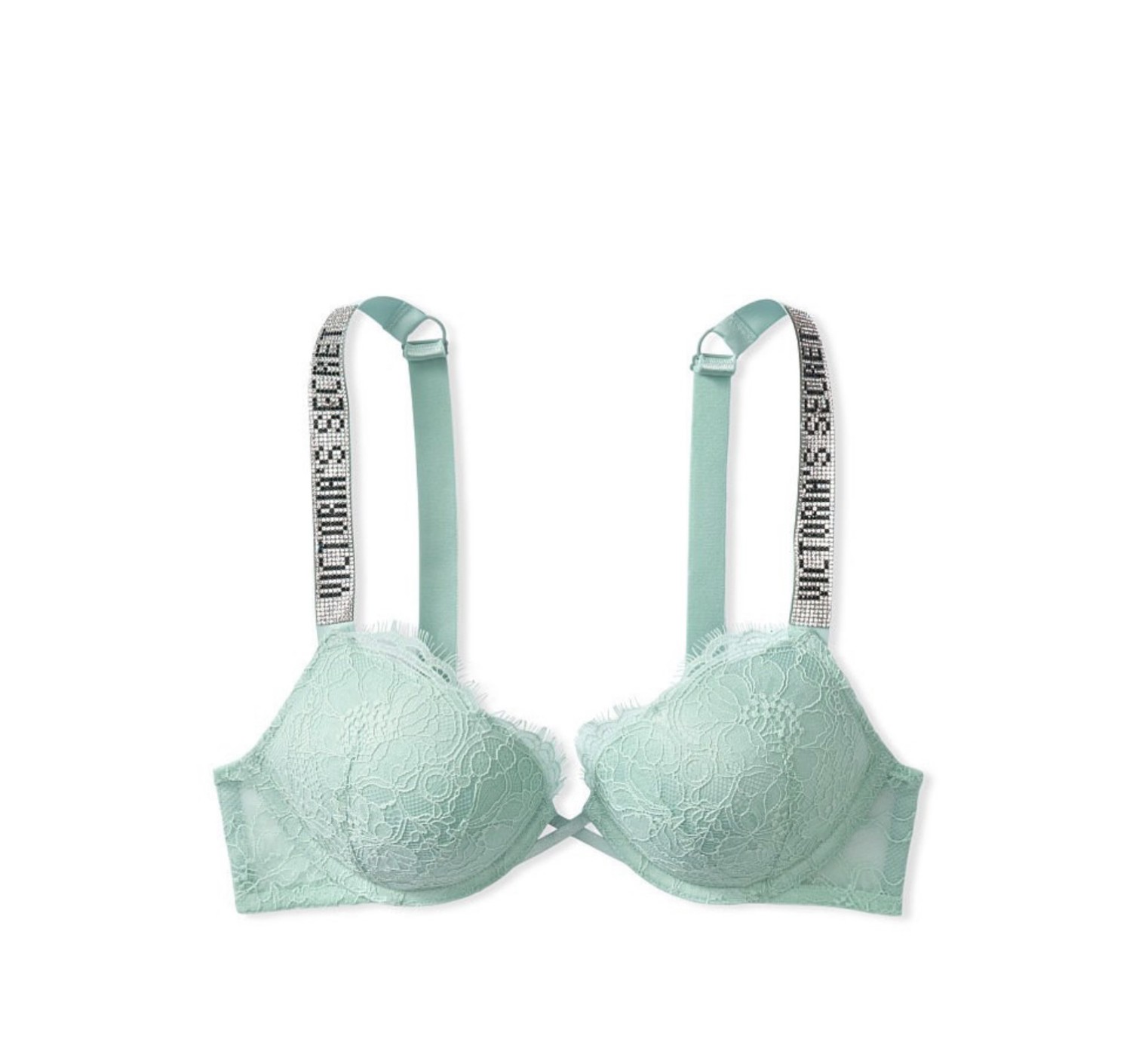 КОМПЛЕКТ БЕЛЬЯ VICTORIA’S SECRET VERY SEXY EMBELLISHED STRAP BOMBSHELL PUSH-UP BRA MINT HAZE IN LACE