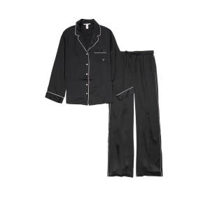 Сатиновая пижама Victoria’s Secret Black Satin Long PJ Set Black