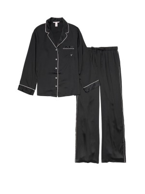 Сатиновая пижама Victoria’s Secret Black Satin Long PJ Set Black 