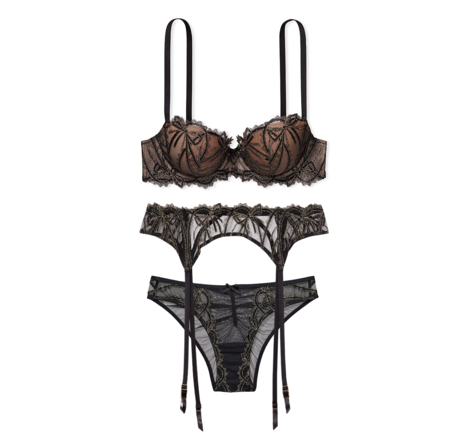 Комплект Very Sexy Black Gold Lace Embroidered Push Up Bra