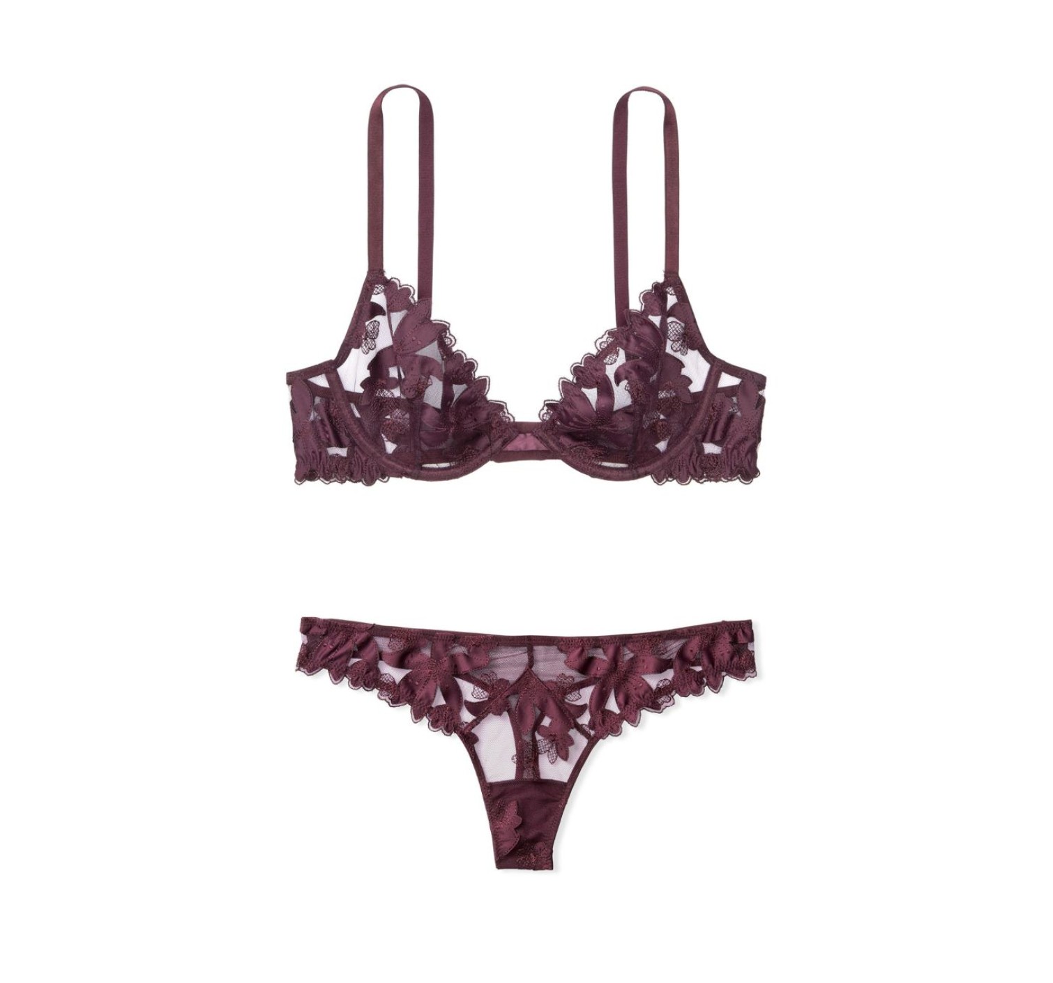 Комплект Floral Purple Embroidered Lace Unlined Demi Bra Set