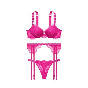 Комплект з підв'язками Shine Strap Lace Fuchsia Frenzy Push-Up Bra Set
