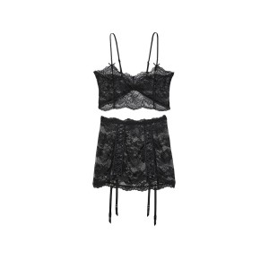 Раздельный Пеньюар Lace Crop Top and Garter Skirt Set Black