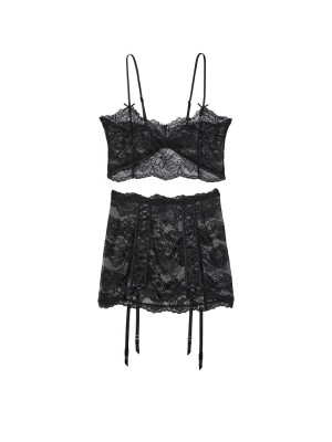 Раздельный Пеньюар Lace Crop Top and Garter Skirt Set Black.