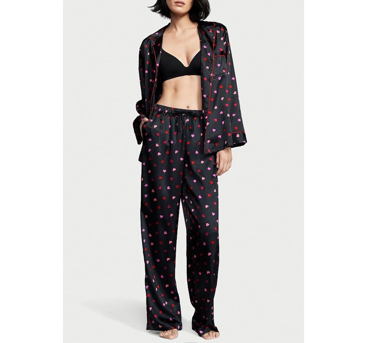 Пижама Satin Long Pajama Set Victoria’s Secret Black Mini Hearts