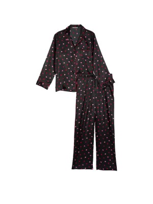 Пижама Satin Long Pajama Set Victoria’s Secret Black Mini Hearts