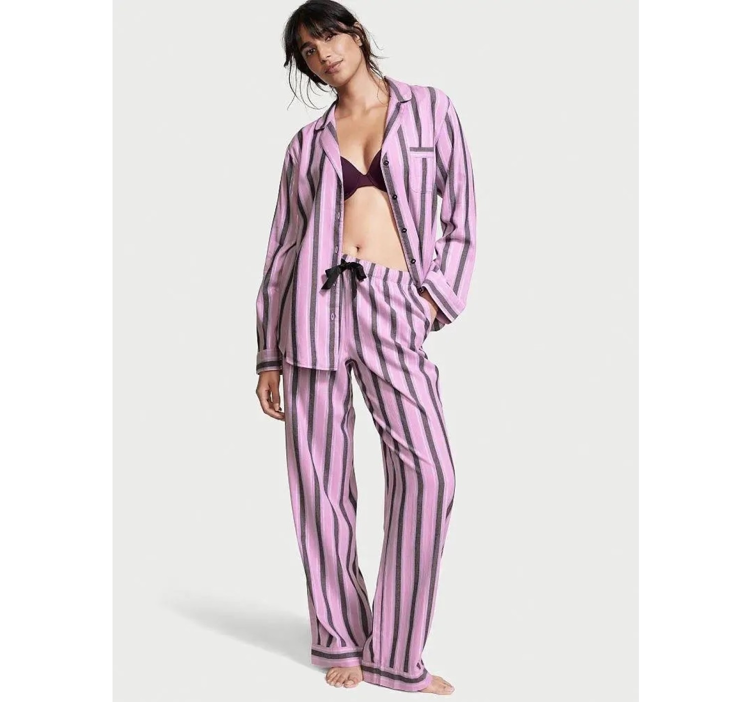 Пижама Victoria’s Secret Flannel Long PJ Set Black Stripes