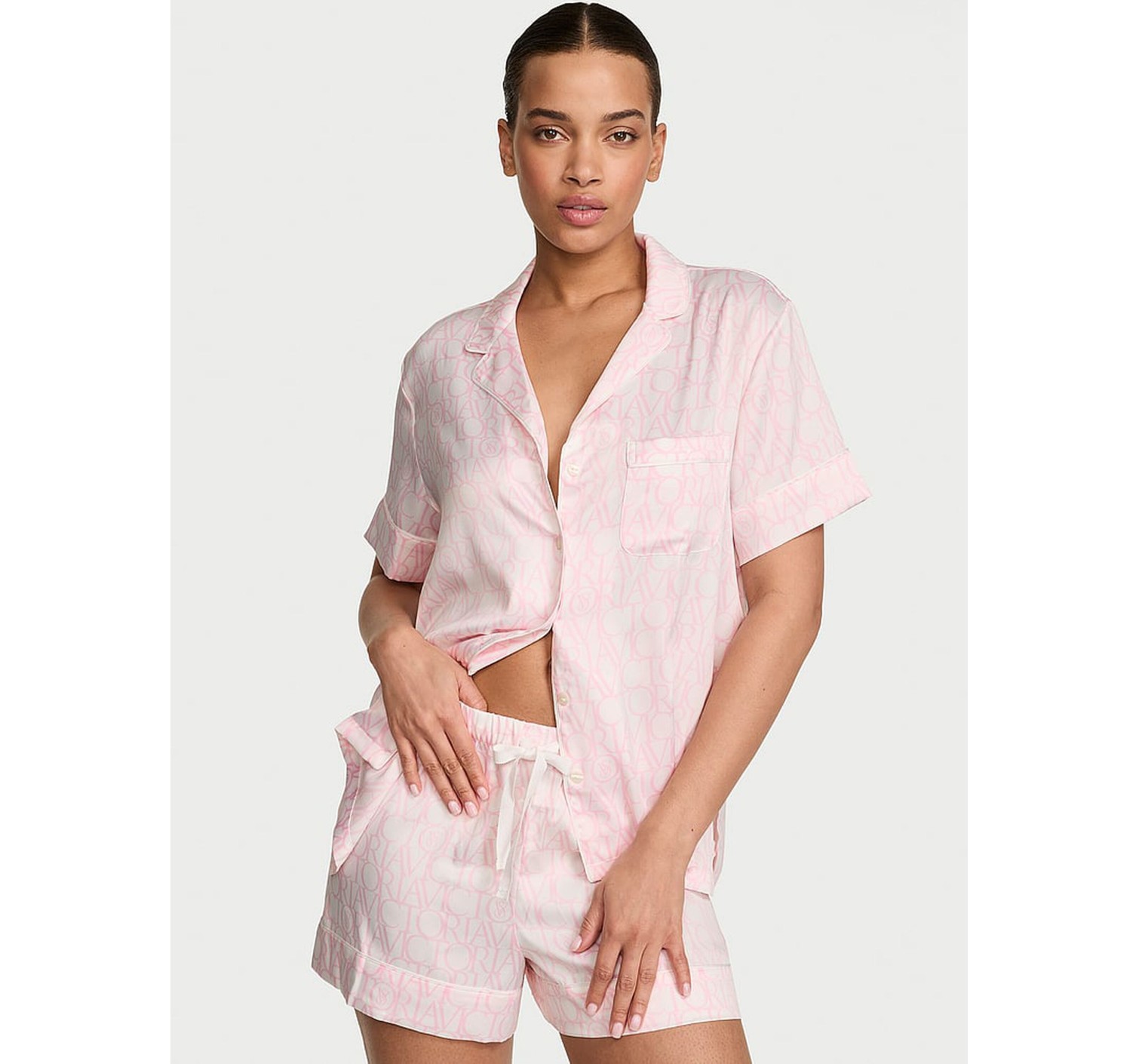 Пижама Victoria's Secret Signature Satin Short Pajama Set White & Pink Logo
