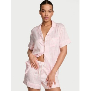 Пижама Victoria's Secret Signature Satin Short Pajama Set White & Pink Logo