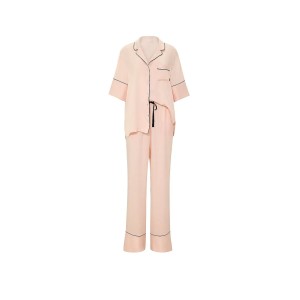 Пижама Victoria's Secret Signature Satin Short-Sleeve Long Pajama Set Beige