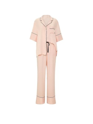 Пижама Victoria's Secret Signature Satin Short-Sleeve Long Pajama Set Beige