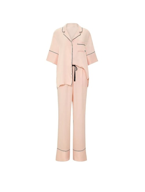 Піжама Victoria's Secret Signature Satin Short-Sleeve Long Pajama Set Beige 