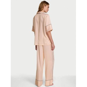 Пижама Victoria's Secret Signature Satin Short-Sleeve Long Pajama Set Beige