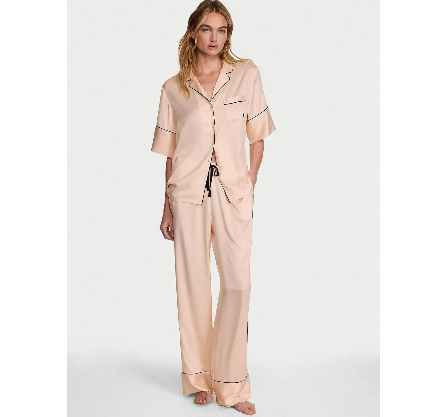 Пижама Victoria's Secret Signature Satin Short-Sleeve Long Pajama Set Beige