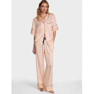 Пижама Victoria's Secret Signature Satin Short-Sleeve Long Pajama Set Beige