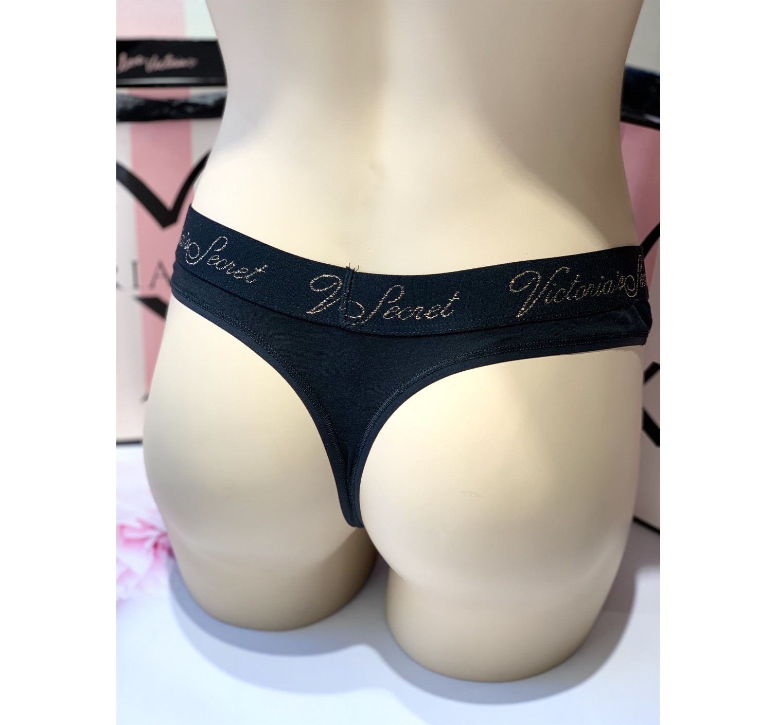 Черные трусики Victoria’s Secret Cotton Thong panty logo VS