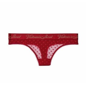 Трусики Victoria’s Secret Medium Dot Mesh Thong panty RED LACQUER LOGO WAISTBAND