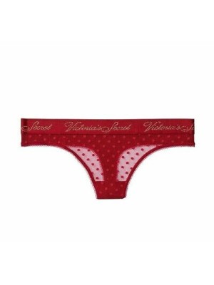 Трусики Victoria’s Secret Medium Dot Mesh Thong panty RED LACQUER LOGO WAISTBAND