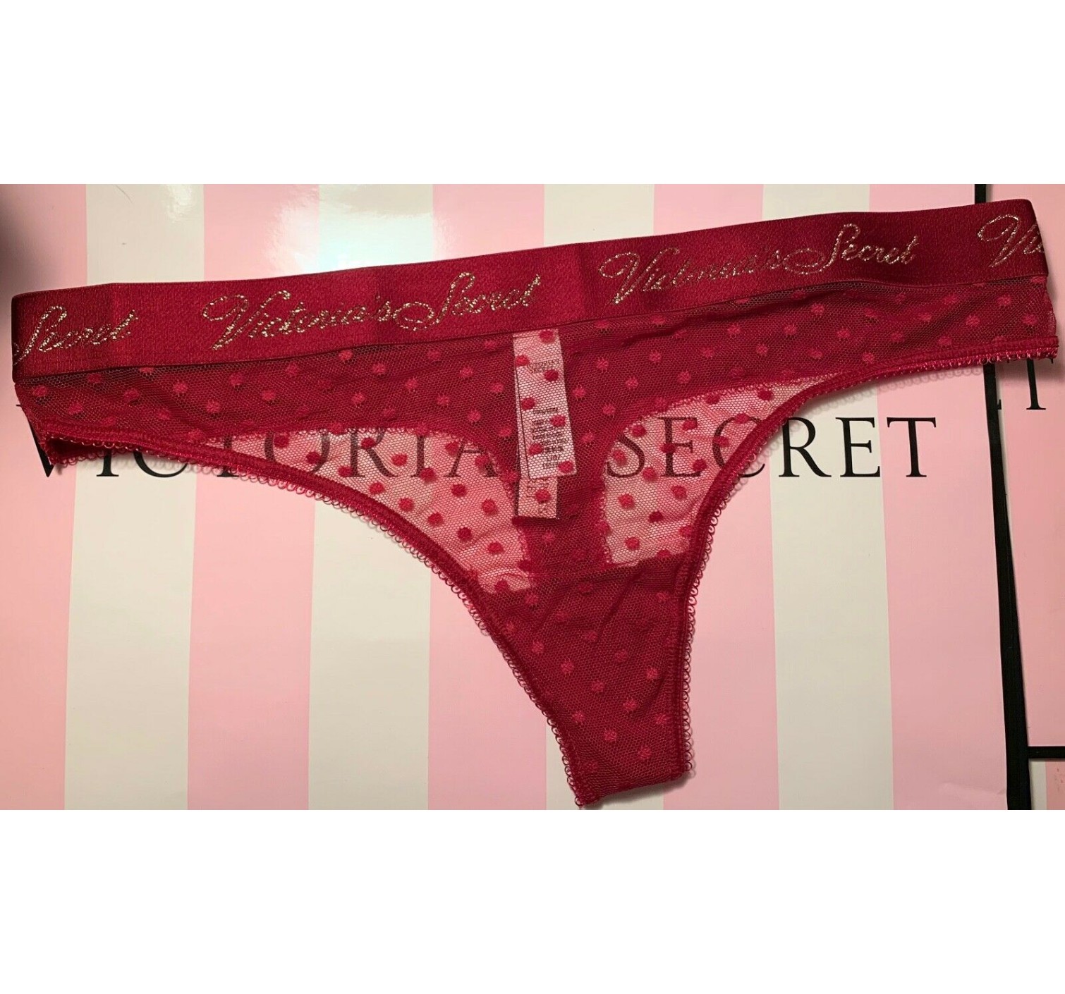 Трусики Victoria’s Secret Medium Dot Mesh Thong panty RED LACQUER LOGO WAISTBAND
