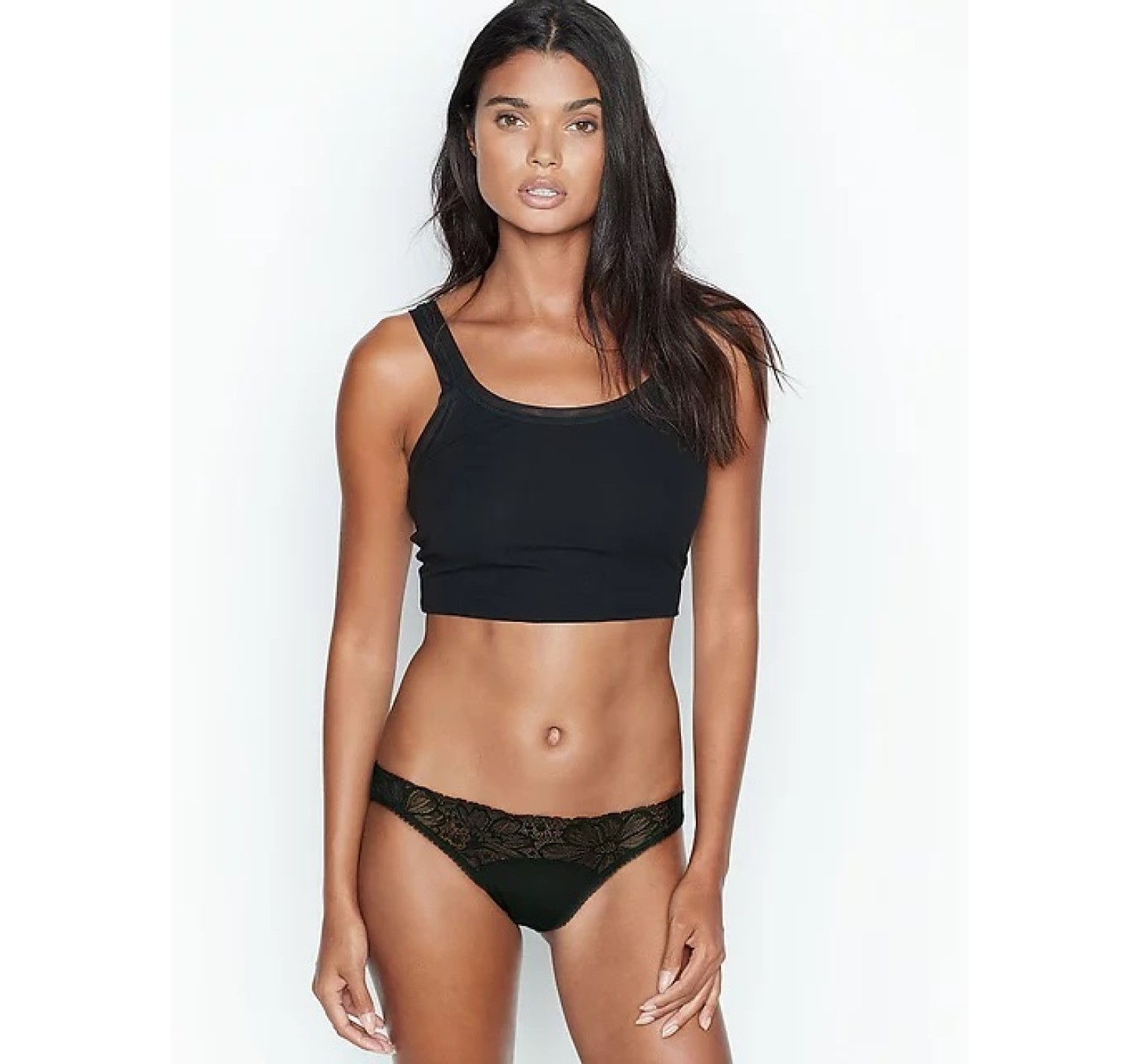Трусики стринги Victoria’s Secret Black Lace Cotton Thong panty