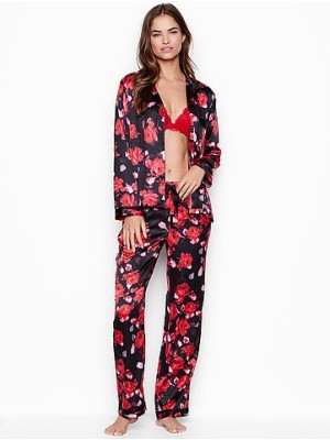 Пижама Victoria’s Secret The Satin Long PJ Set Black floral print