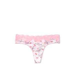 Трусики стрінги Victoria's Secret Cotton Lace Thong panty Logo VS flowers