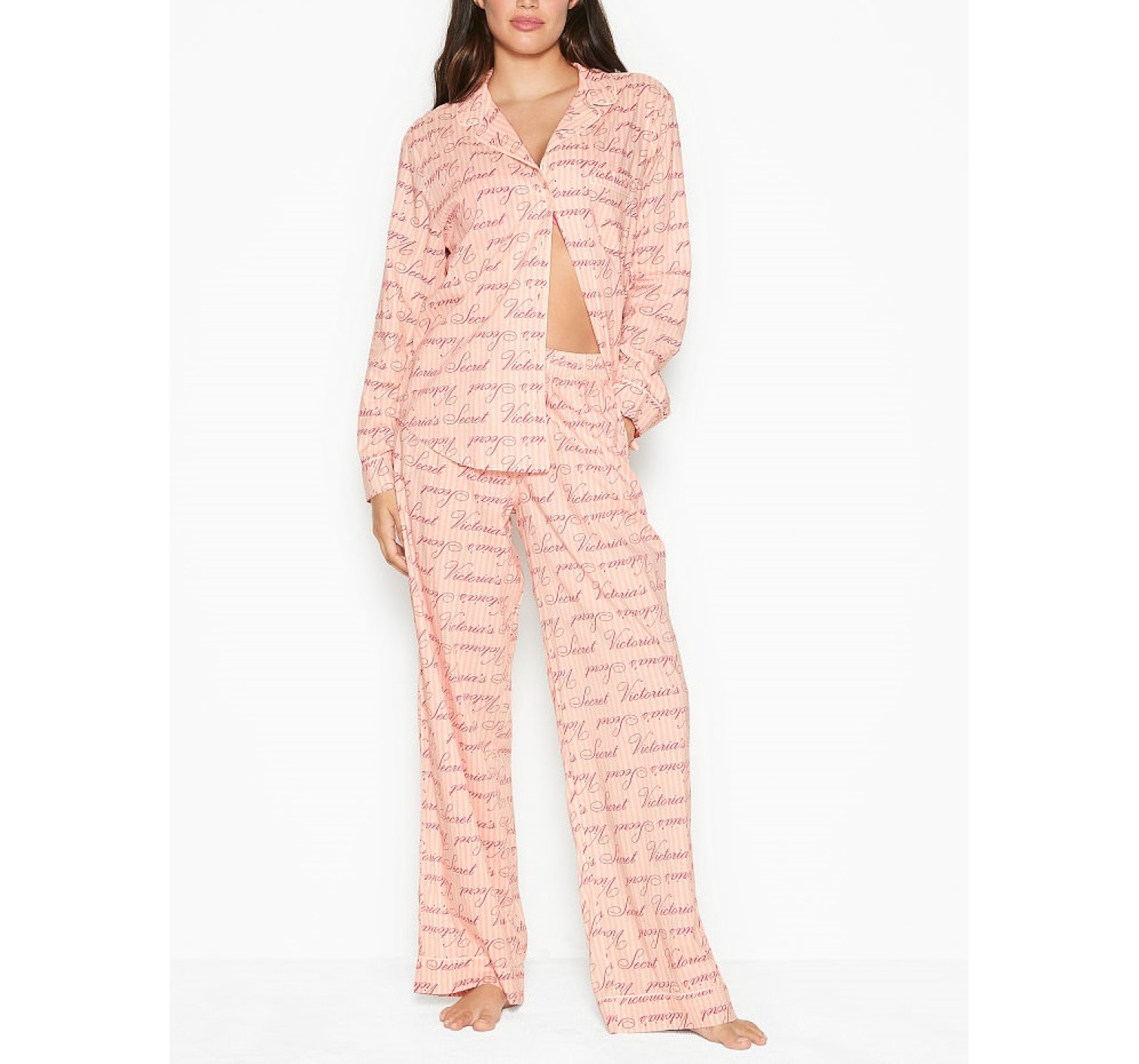 Піжама Victoria's Secret Cotton Long PJ Set Pink logo VS