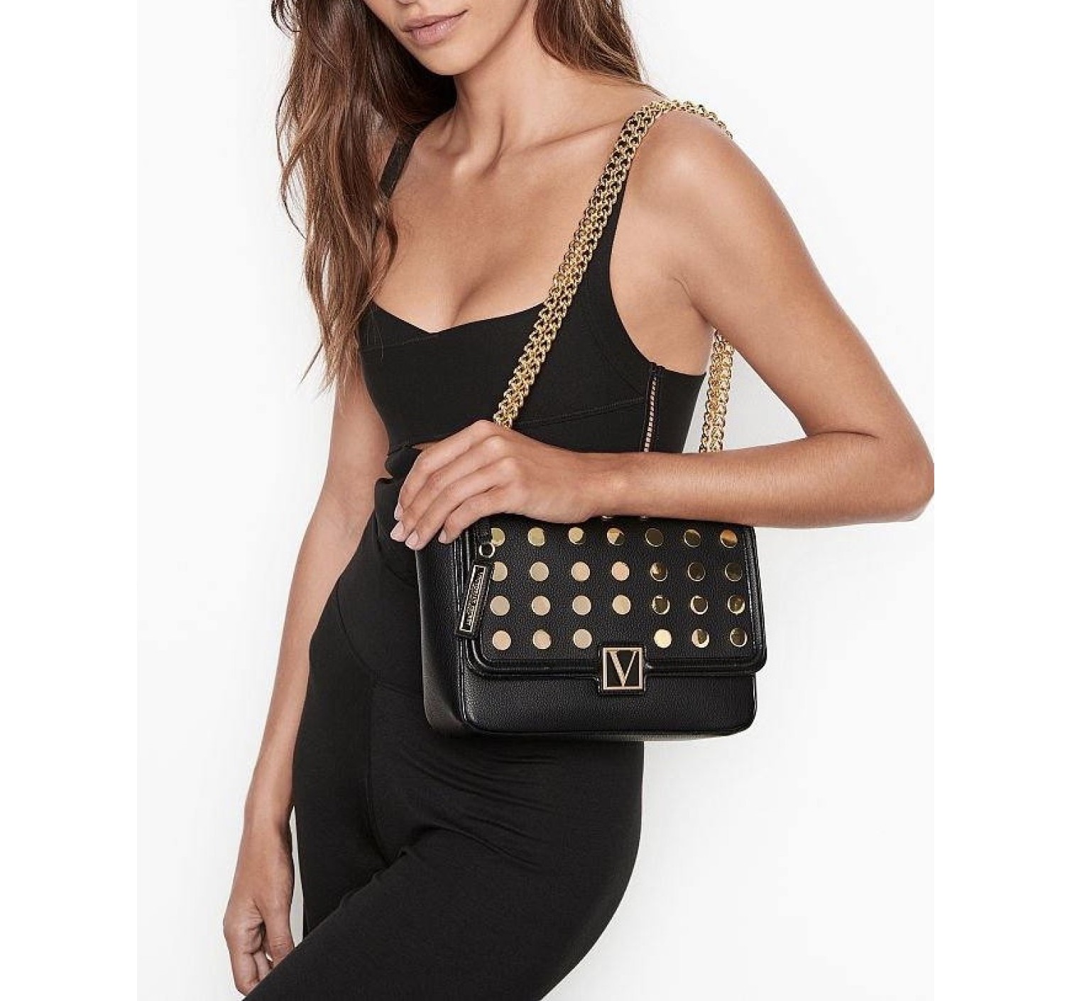 Кросс-боди Виктория Сикрет Medium Shoulder Bag Black with Gold dot