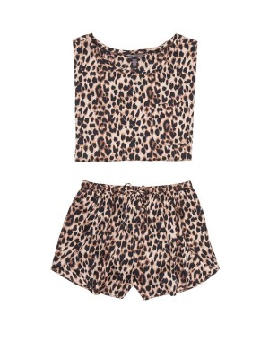 Піжама VS The Satin Oversized T-Shirt &amp; Petal Short PJ Set Leopard