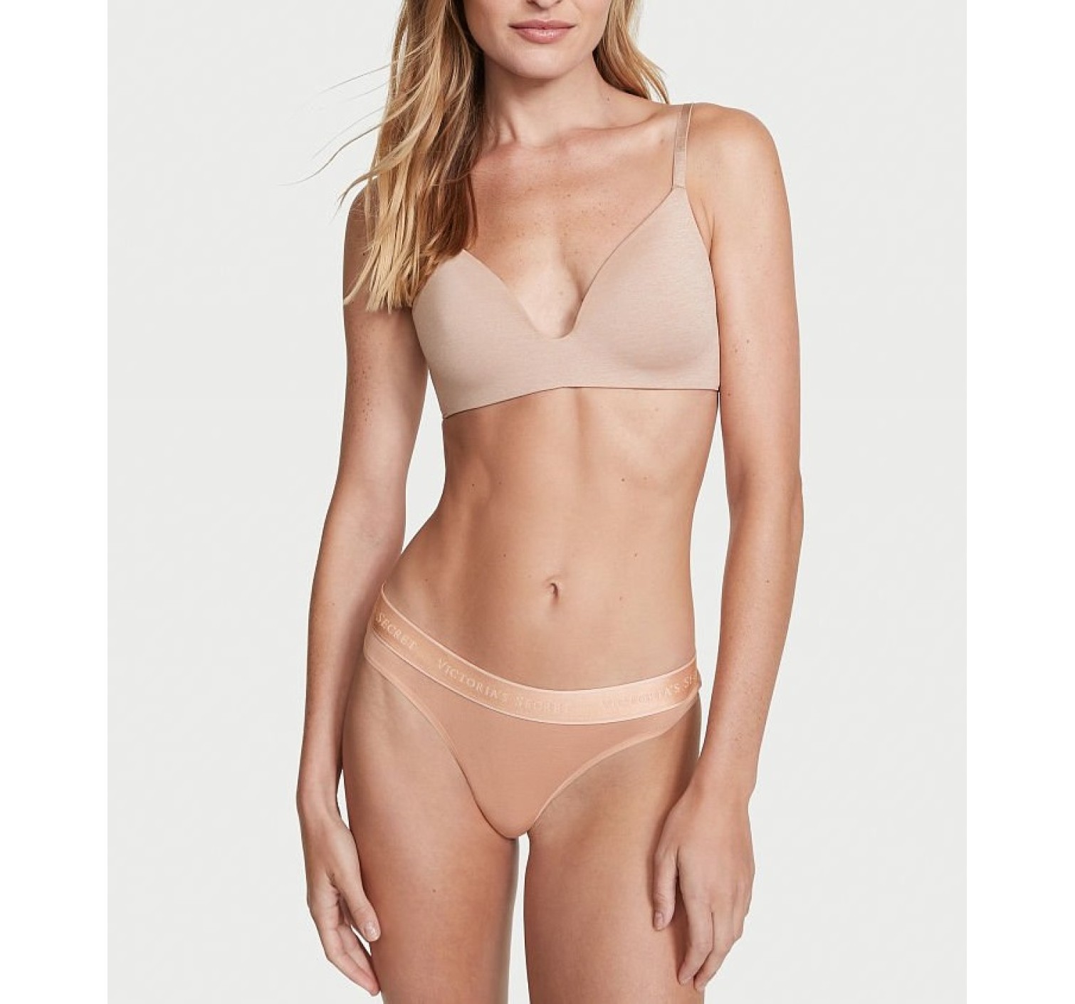 Трусики VS Stretch Cotton Logo Beige Thong Panty