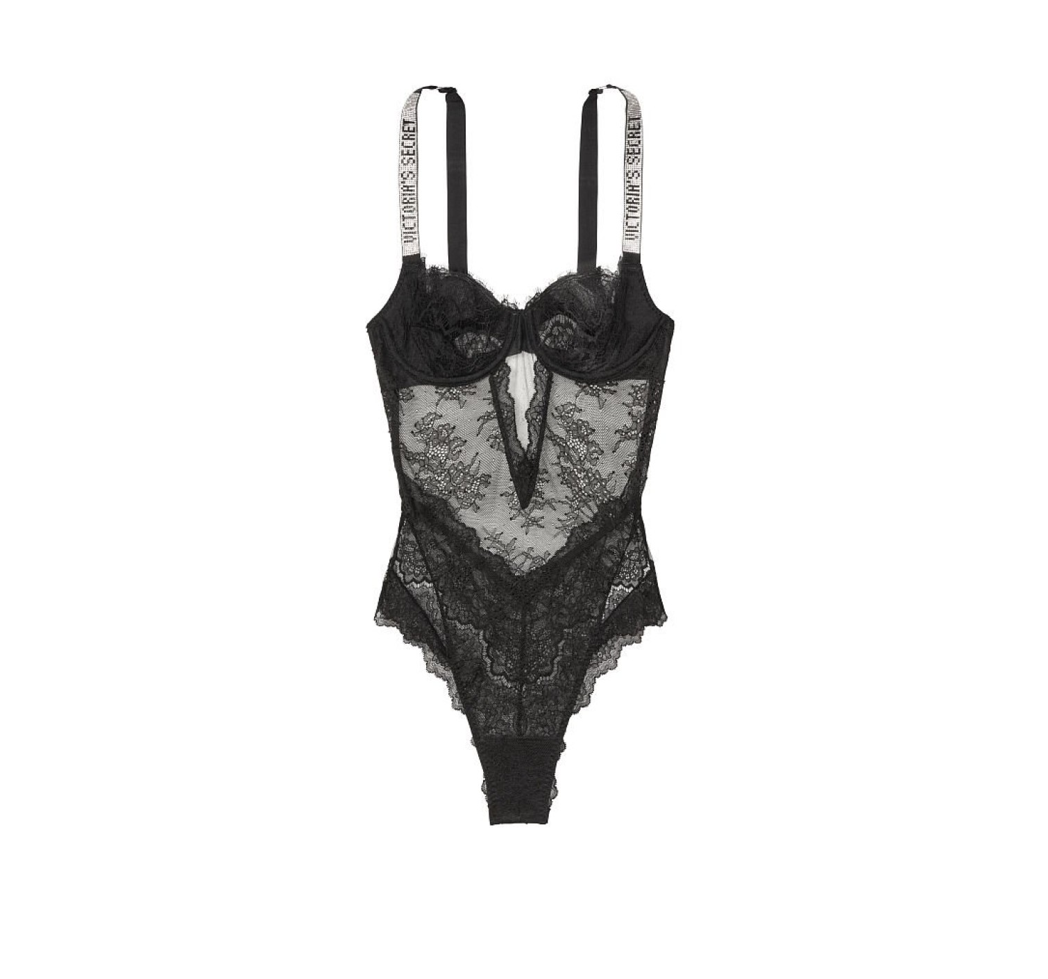 Боді Victoria's Secret Very Sexy Black Lace Lightly Lined Logo Shine Strap Teddy