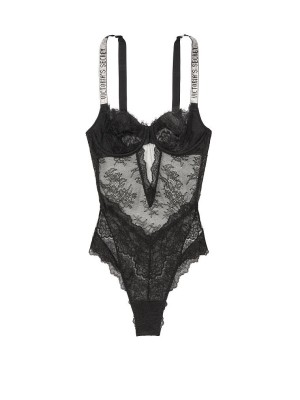 Боді Victoria's Secret Very Sexy Black Lace Lightly Lined Logo Shine Strap Teddy