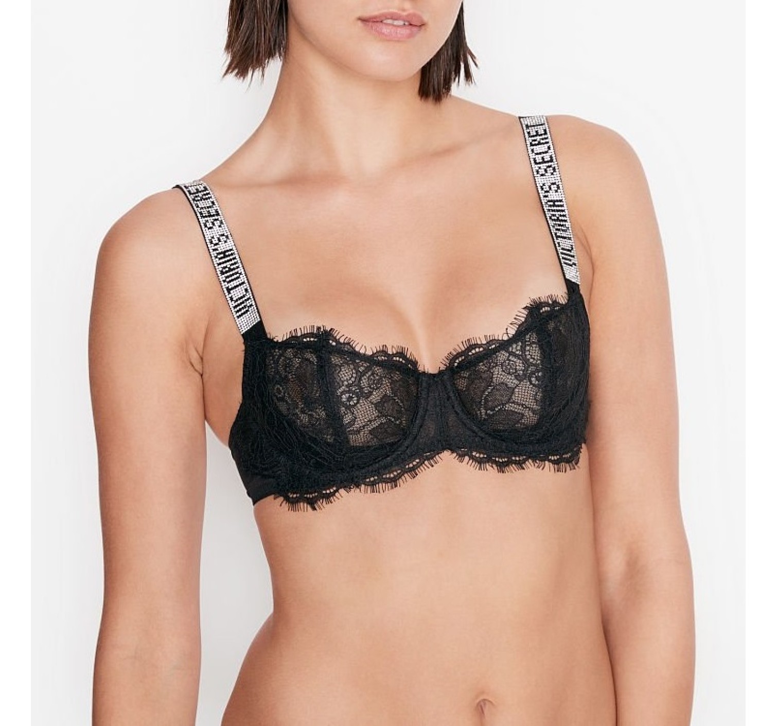 Комплект белья VS Unlined Black Lace Shine Strap Balconette Bra set