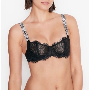 Комплект белья VS Unlined Black Lace Shine Strap Balconette Bra set