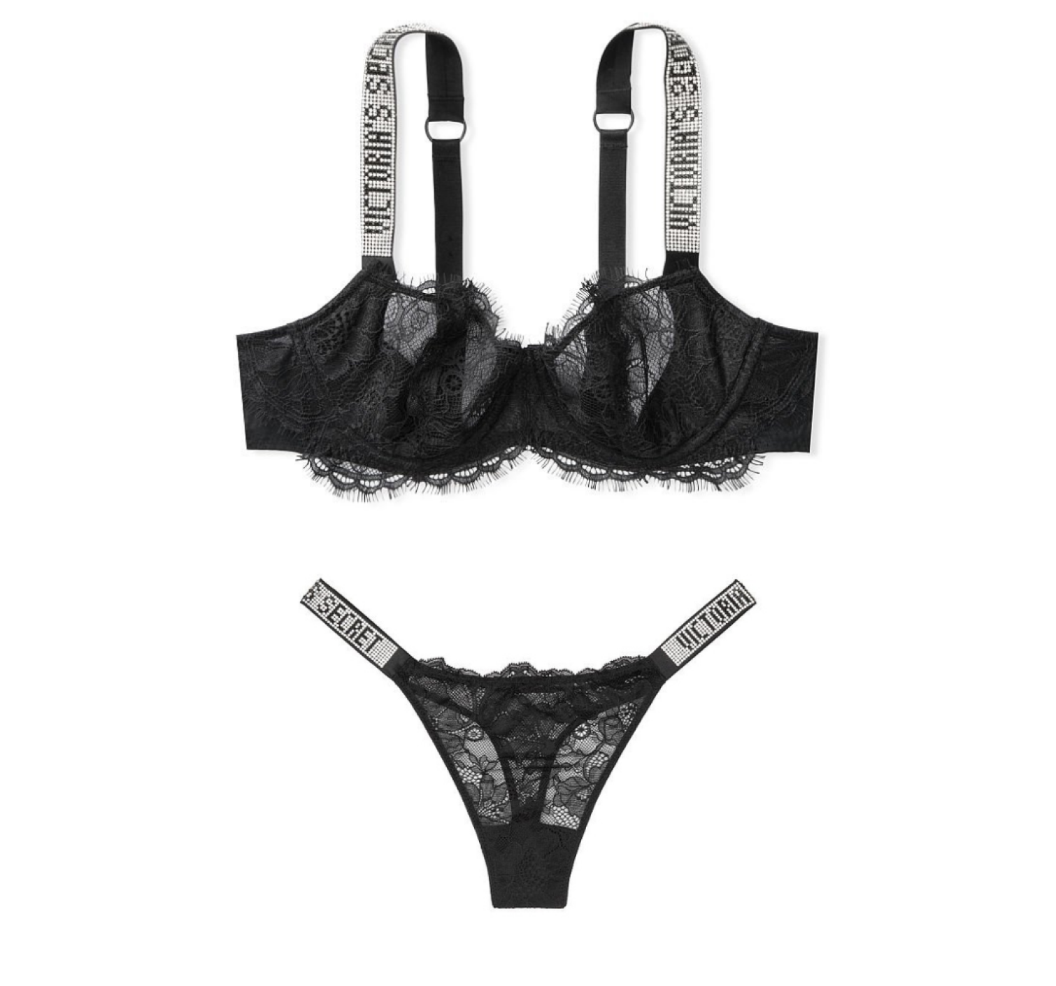 Комплект белья VS Unlined Black Lace Shine Strap Balconette Bra set