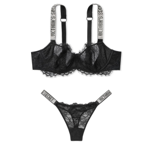 Комплект белья VS Unlined Black Lace Shine Strap Balconette Bra set