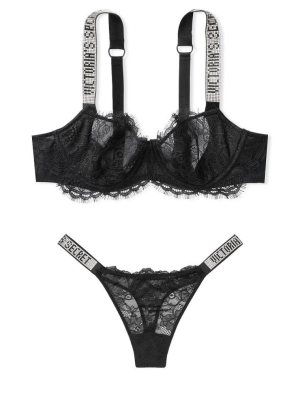 Комплект білизни VS Unlined Black Lace Shine Strap Balconette Bra set