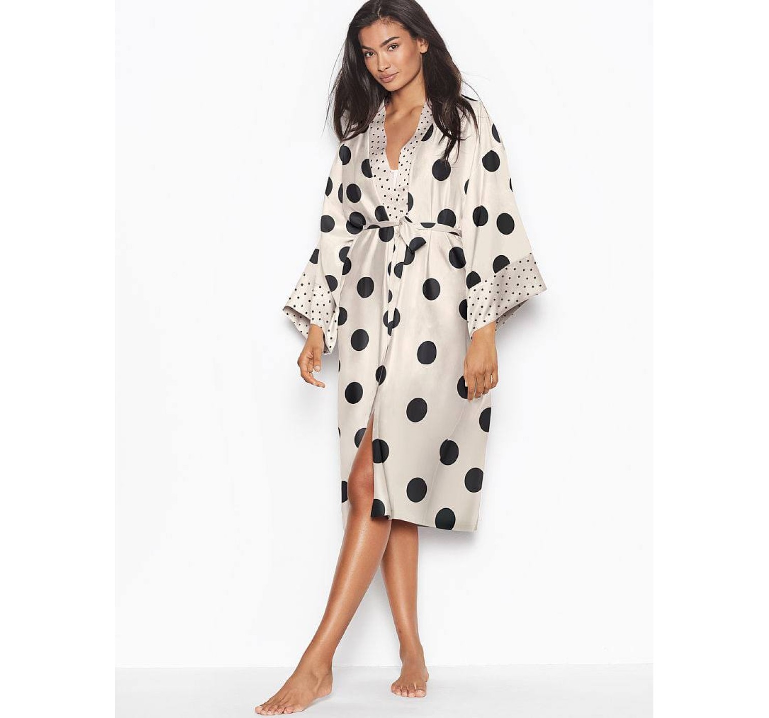 Халат Victoria's Secret Satin White Kimono print Black Dot