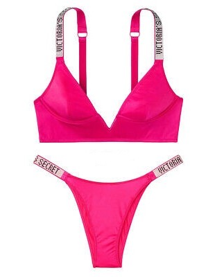 Комплект белья со стразами VS Embellished Straps V-WIRE Long Line Fuchsia Bralette