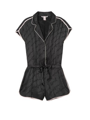 Сатиновая пижама Victoria’s Secret The Satin Short Black PJ Set Romper