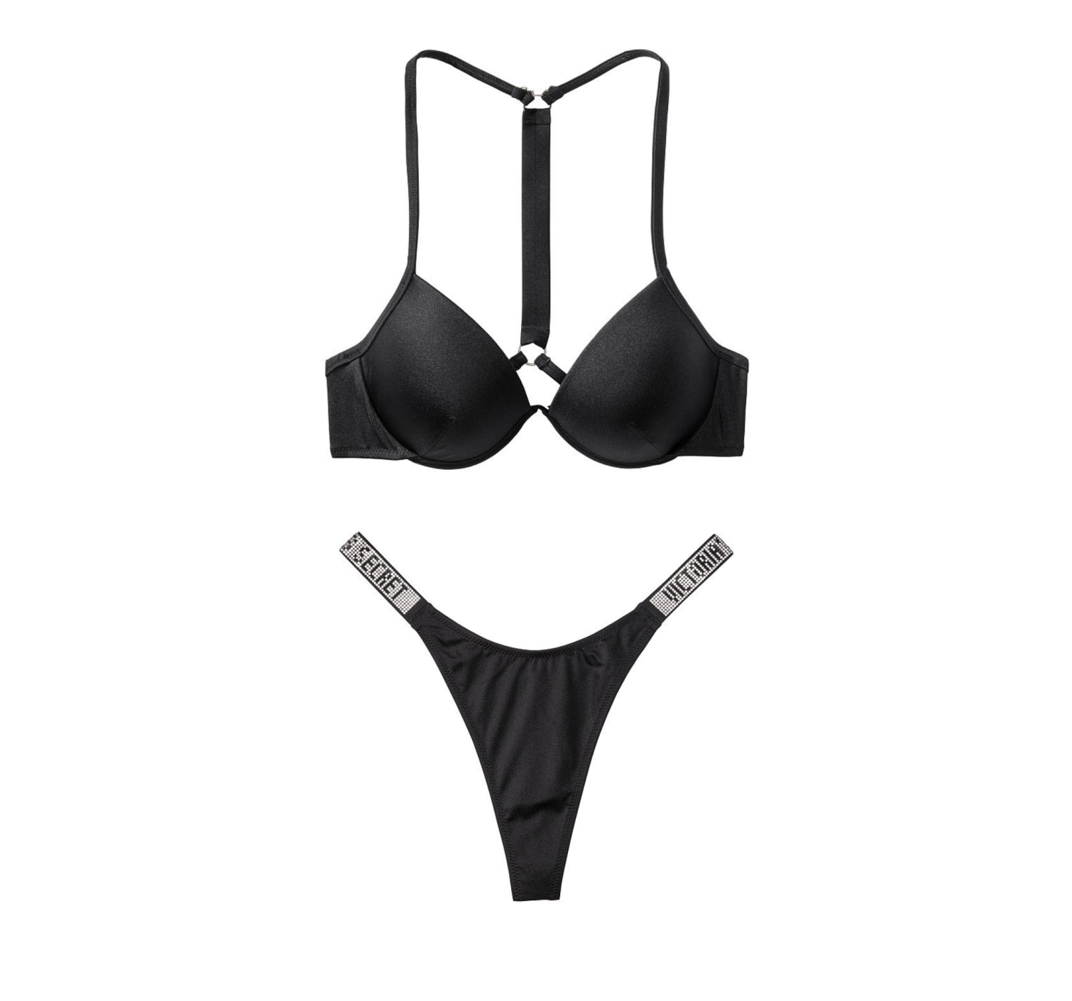 Купальник Виктория Сикрет c пушап черного цвета Back Shine Strap & Thong panty 