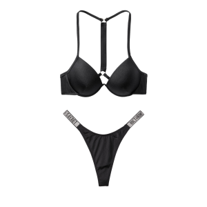 Купальник Виктория Сикрет c пушап черного цвета Back Shine Strap & Thong panty 