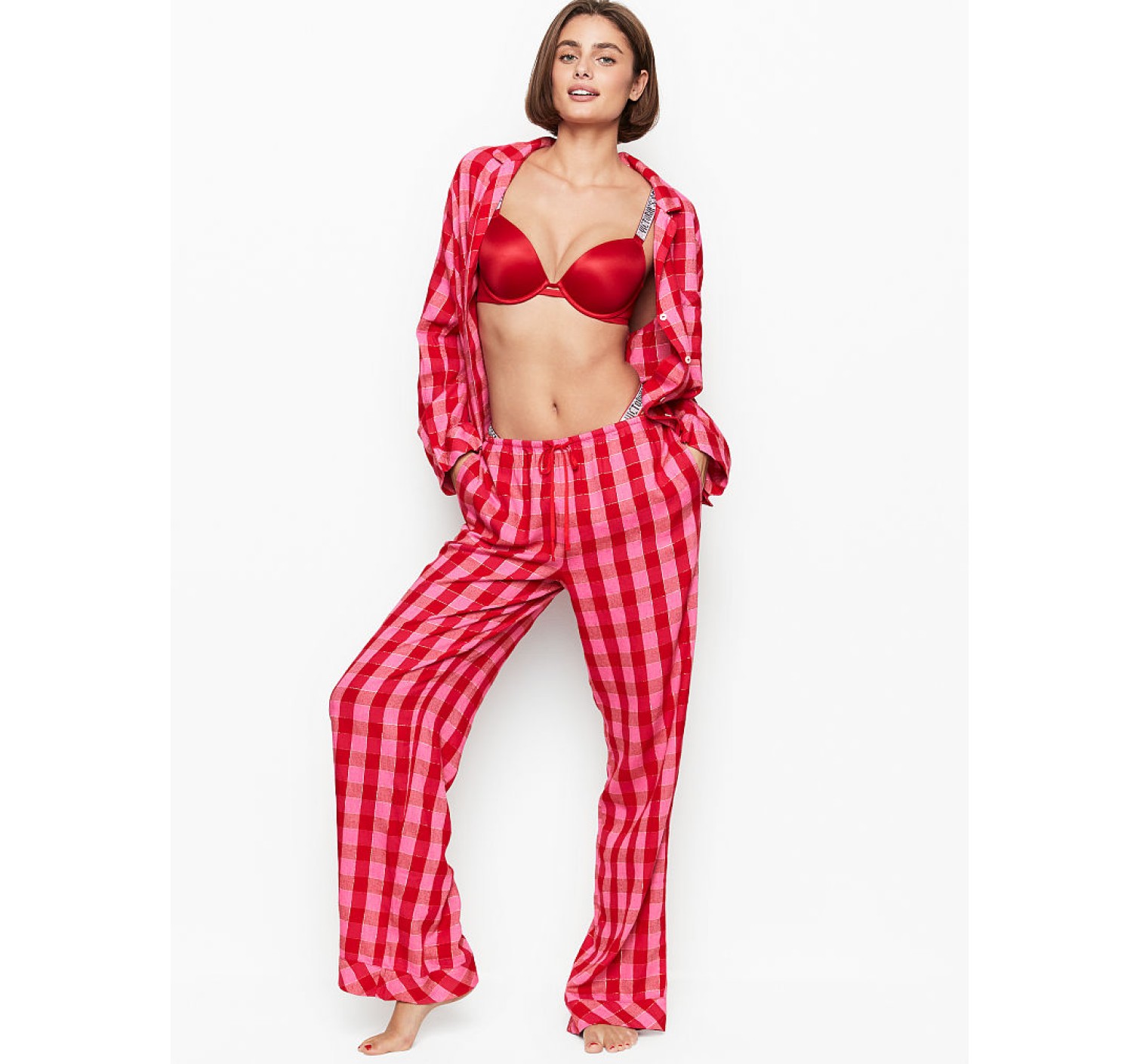 Пижама Victoria’s Secret Shimmer Flannel Long PJ Set Red/Pink Plaid