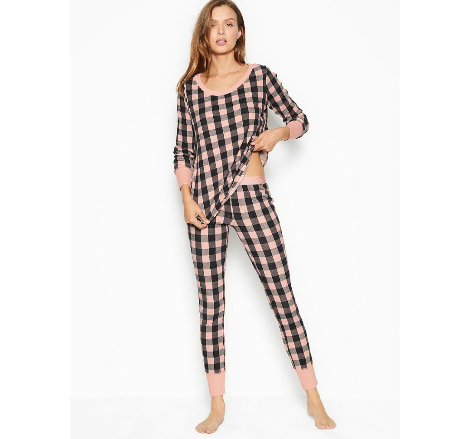 Пижама Victoria’s Secret Thermal Long PJ Set Light Pink Buffalo Check Plaid