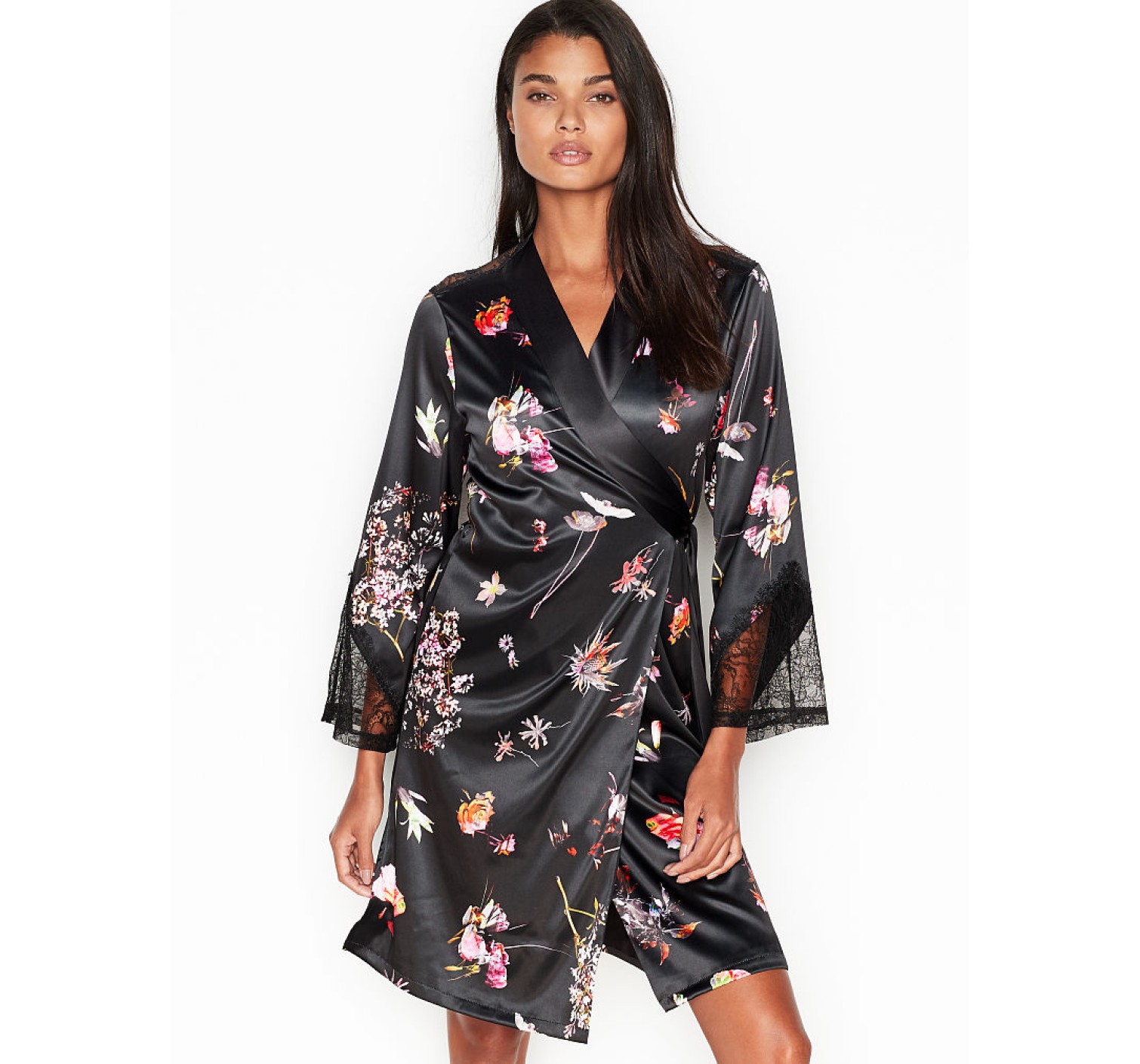 Сатиновый халат Victoria’s Secret Very Sexy Satin Kimono Black Lace
