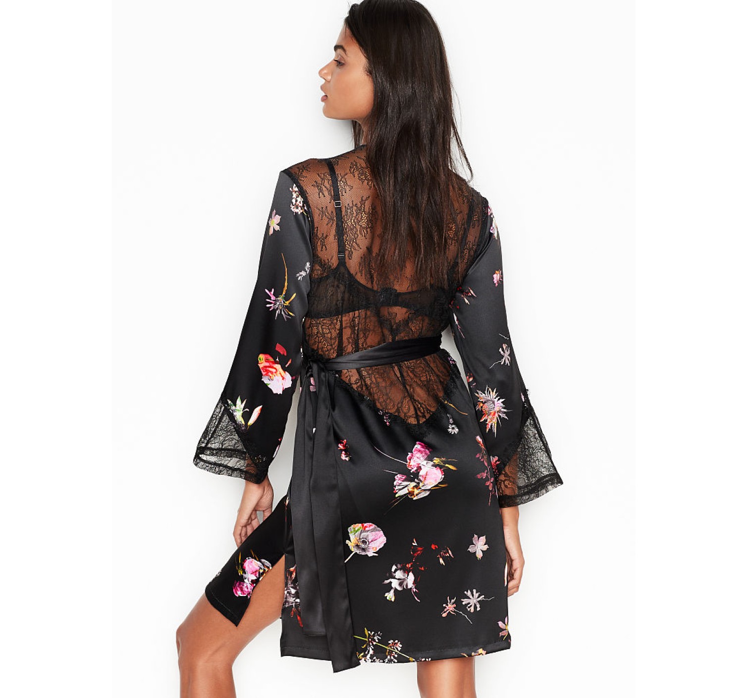 Сатиновый халат Victoria’s Secret Very Sexy Satin Kimono Black Lace