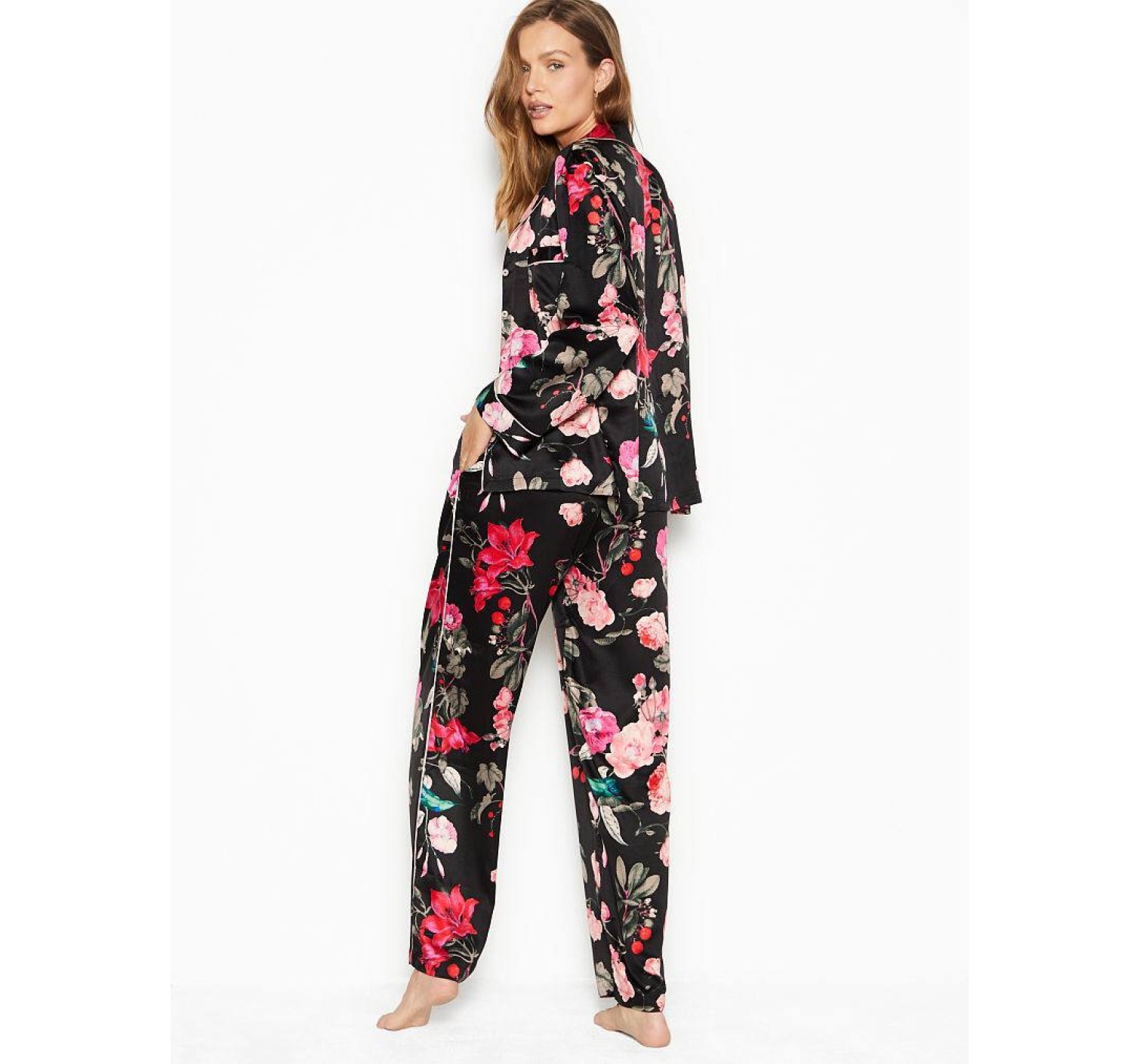 Пижама Victoria’s Secret Satin Long PJ Set Light Black Floral print