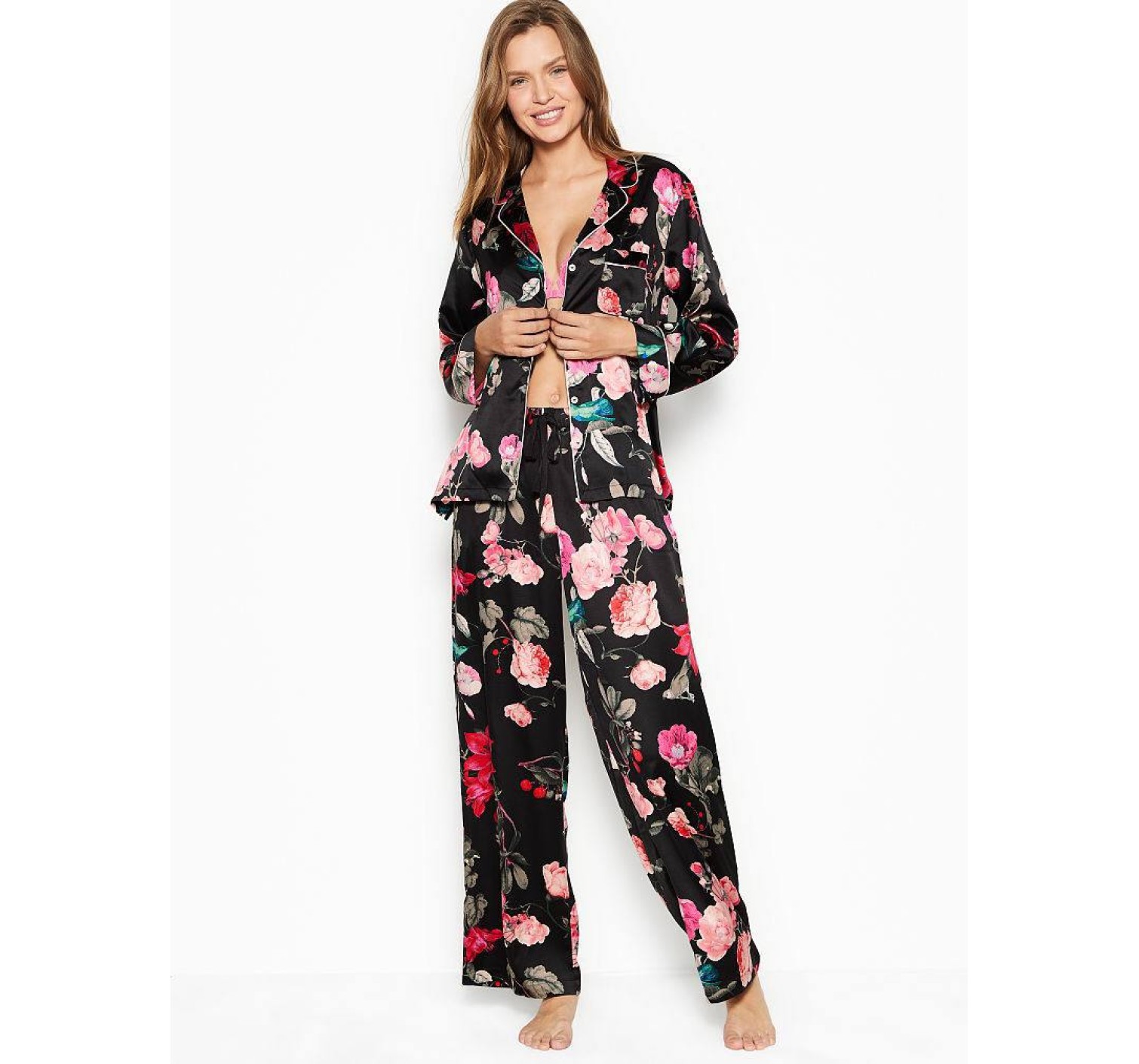 Пижама Victoria’s Secret Satin Long PJ Set Light Black Floral print