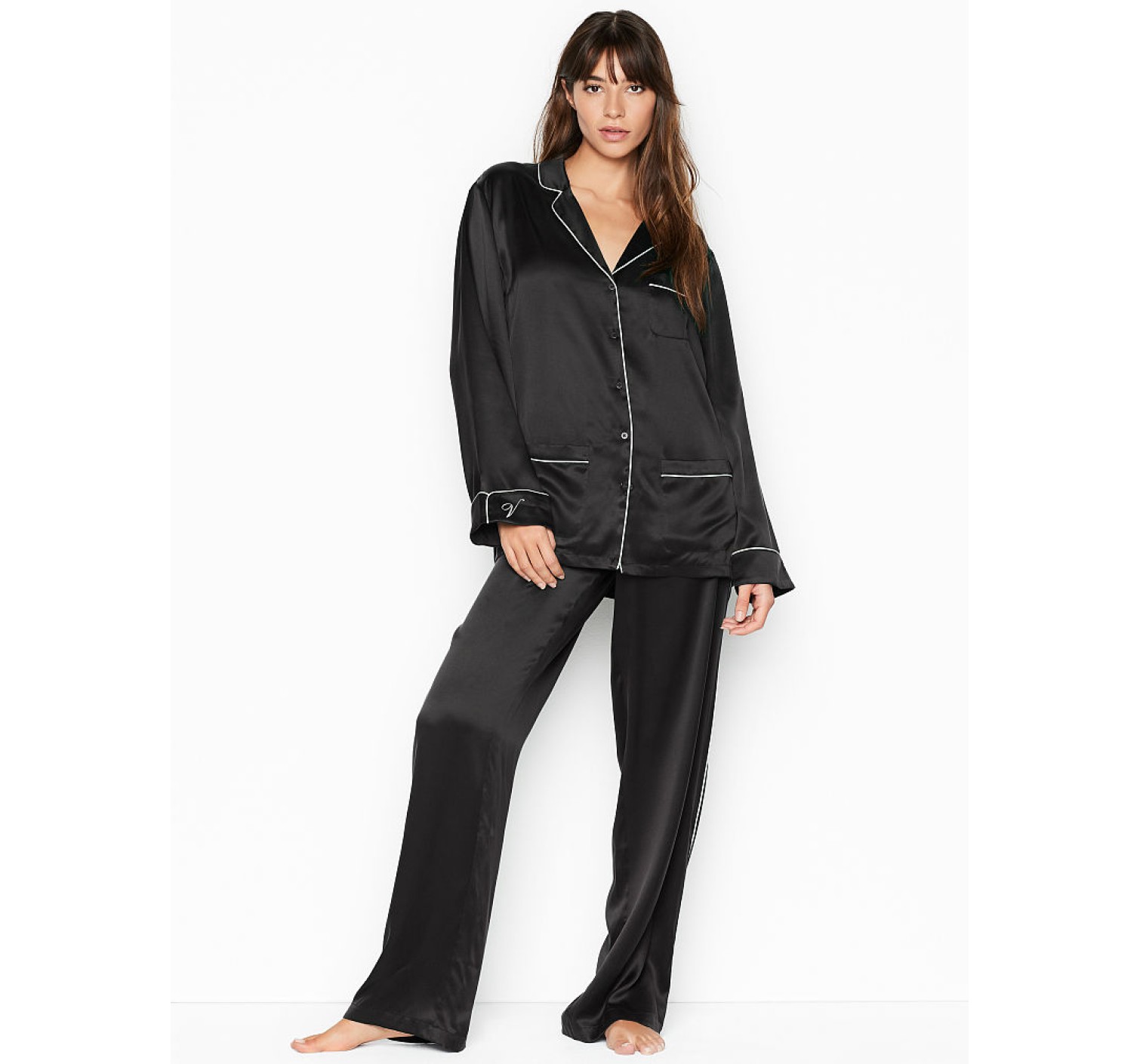 Пижама шелковая Victoria’s Secret Silk Long PJ Set Black