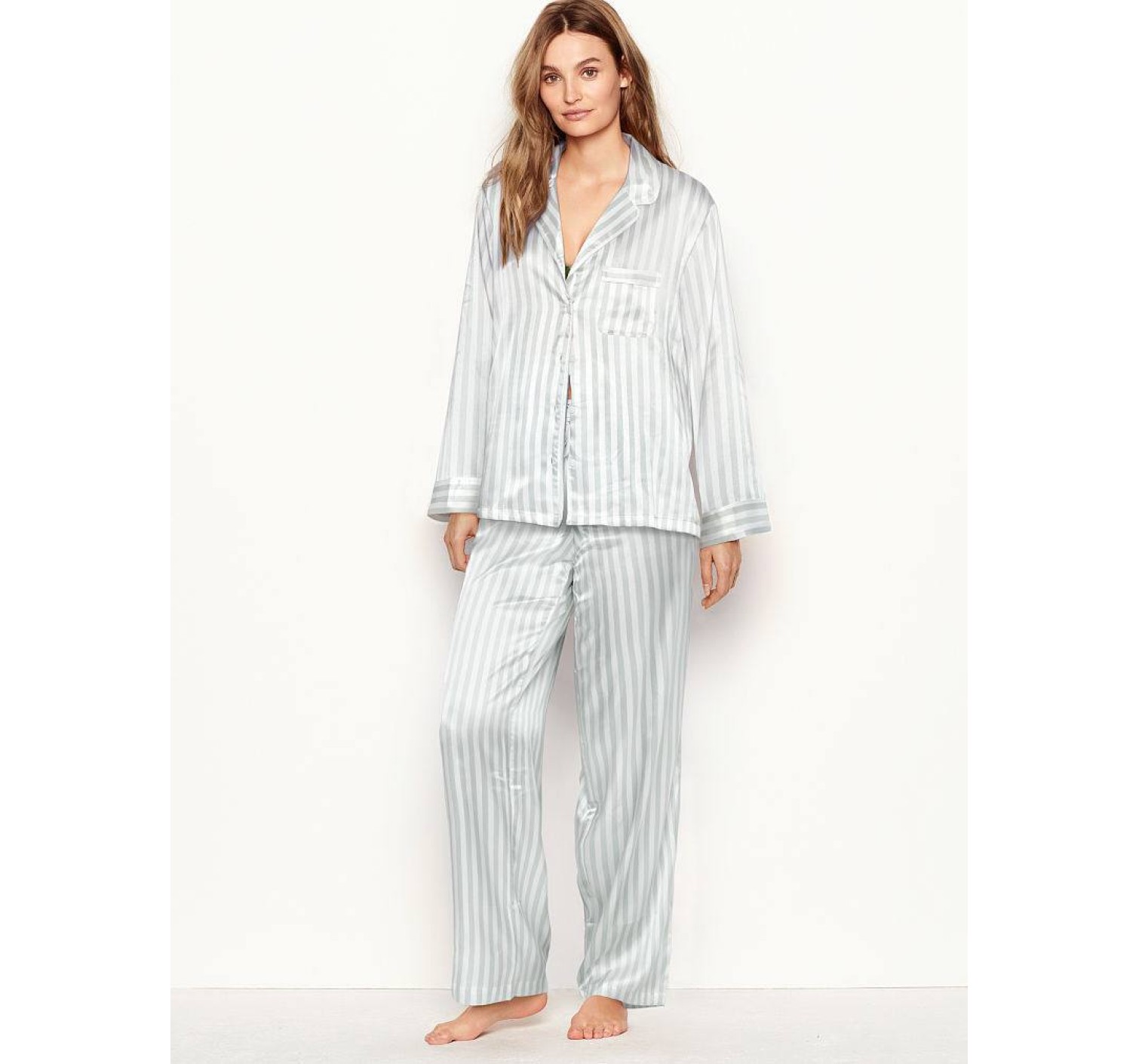 Сатиновая пижама Victoria’s Secret The Satin Long PJ Set Blue Stripe
